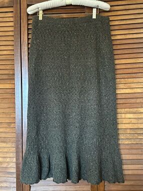 Lauren Ralph Lauren Olive Knit Midi Skirt with Flounce Hem size medium